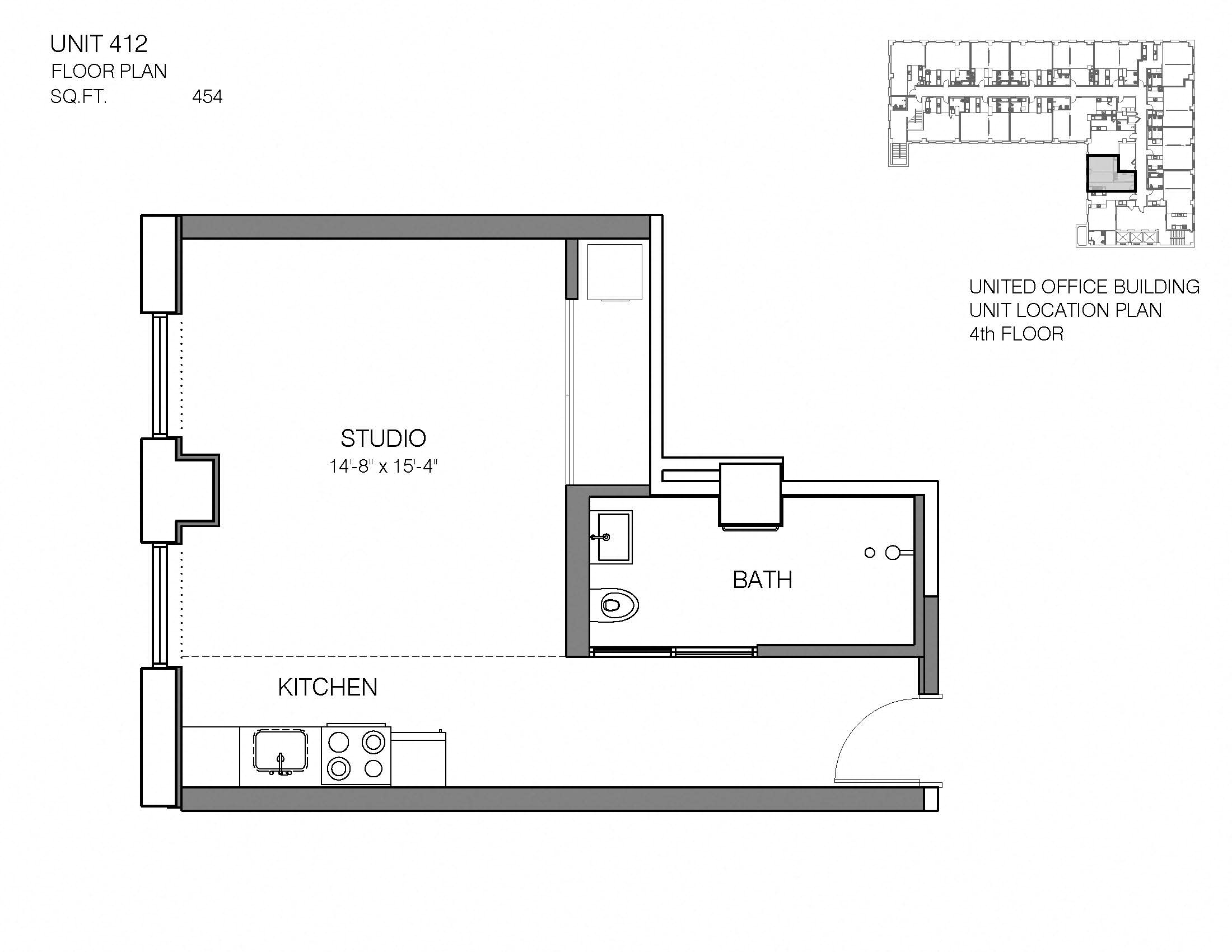 Floor plan for studio, 1 bath, 454 sqft